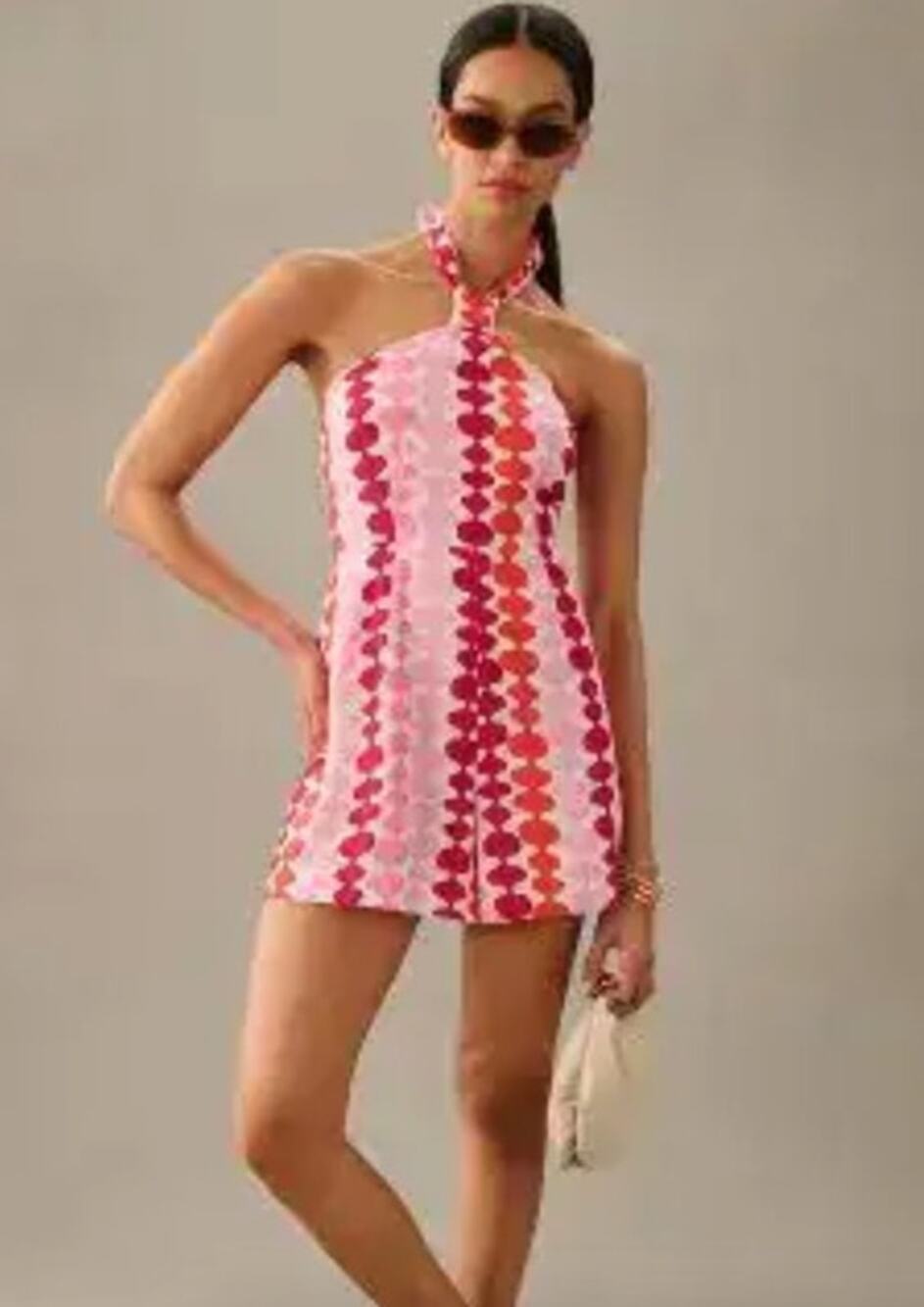Hutch Halter Romper Abstract Sleeveless Smocked Back Pink Orange 2